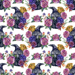 Watercolor vintage seamless pattern. Raven birds with roses. Halloween gothic seamless pattern with creepy birds and flowers in goth style. Watercolor spooky background for scary design
