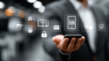 CPS (Cyber-Physical Systems): Businessman touching and interacting with smart devices, real-time monitoring, automation, embedded systems, IoT integration, data processing, and network security.