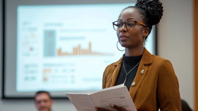 Confident african woman presenting business report with charts during meeting in professional setting