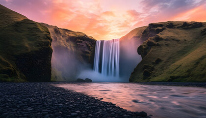 Fototapeta premium Waterfall captured during sunrise with breathtaking scenery and scenic sky