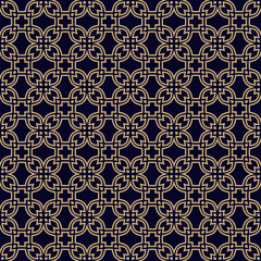 Fototapeta premium Vector floral linear ornament in asian style. Modern abstract geometric seamless pattern with grid, flower silhouettes, leaves, lattice. Luxury black and gold background texture. Repeated geo design
