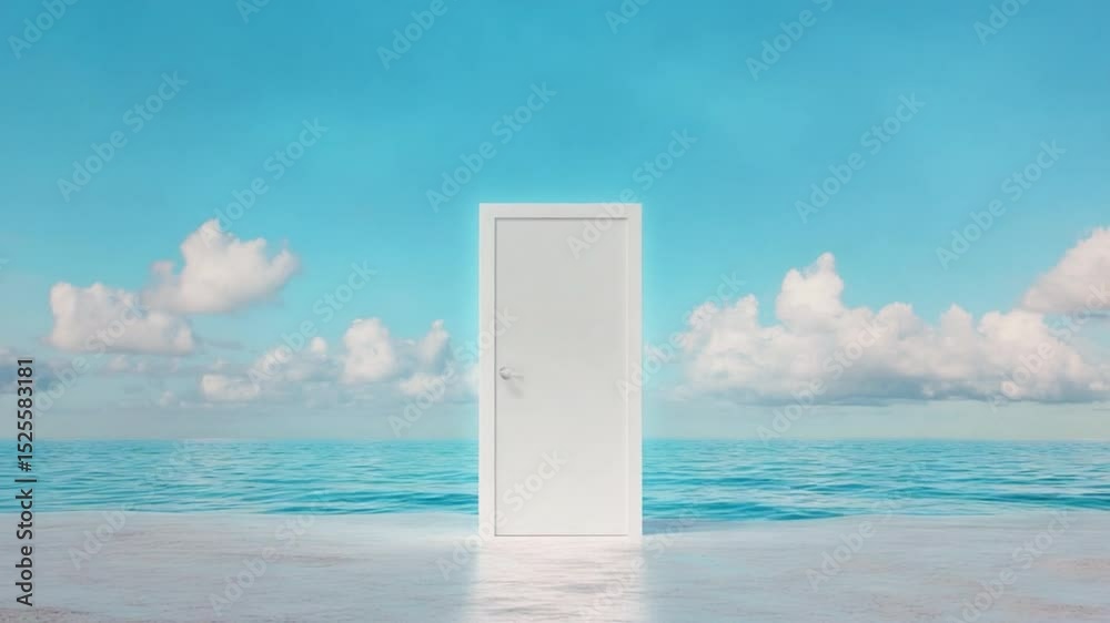 Poster the gateway to the horizon: a solitary white door stands resolute against the expansive backdrop of 