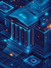 Cyberpunk cityscape illustration with intricate digital architecture featuring blue and orange neon lights. Includes futuristic building with ornate design, and circuit-like patterns throughout.