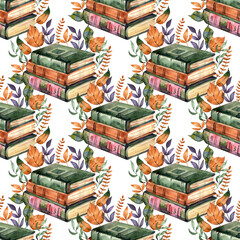 Watercolor Autumn Cottagecore Old Books Seamless Pattern, Vintage Reading Routine Texture