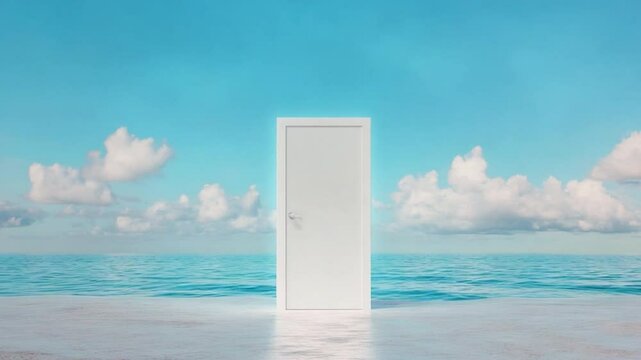 The Gateway to the Horizon: A solitary white door stands resolute against the expansive backdrop of the endless sea and sky. It is the entrance of new beginning and open mind.