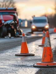 Car crash scene on wet road with traffic cones
