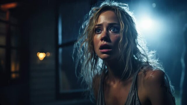Face of scared woman, horrified girl near house in rain at spooky dark night, horror and fear concept.