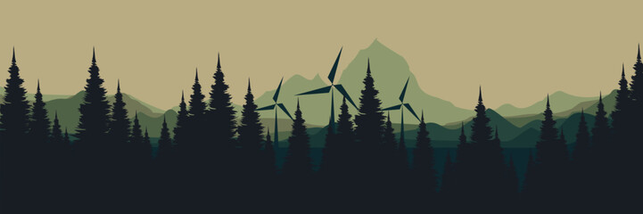 Visualize wind turbines amidst forested landscape with layered mountains in background, highlighting sustainable energy integration in nature for eco-conscious projects