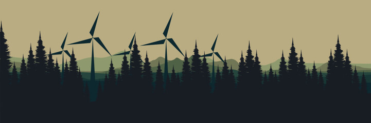 Environmental landscape with silhouetted pine forest and wind turbines, merging nature with technology to showcase sustainable energy solutions in a serene scene