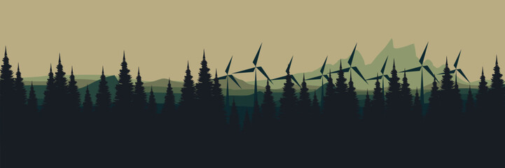 Dense pine forest silhouette with wind turbines and mountains, highlighting the blend of nature and renewable energy for modern environmental projects and sustainability themes