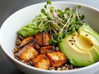 Grilled tofu and avocado vegan grain bowl
