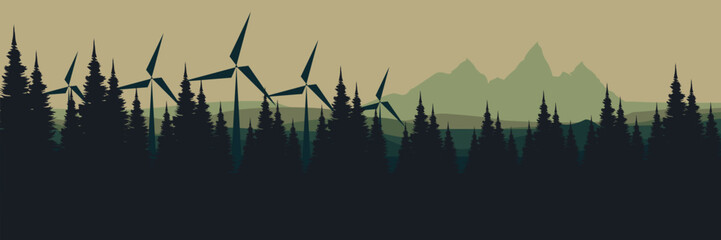 Stylized forest landscape with wind turbines and mountainous backdrop, combining natural elements with renewable energy to promote environmental awareness and sustainable practices
