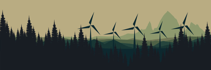 Silhouetted forest with wind turbines against layered mountains, showcasing renewable energy in a serene landscape, perfect for environmental and ecological projects and nature themes