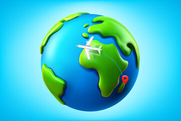Air travel concept with aircraft and globe with map pin. 3d vector illustration