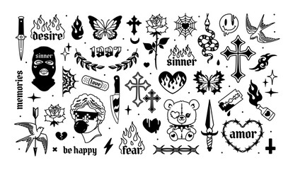 Underground Gothic Tattoo Art and Y2k  Fashion elements set in 2000s style. Y2k temporary Gothic tattoo designs - vector collection. Gothic Cross, butterfly, love, etc. Opium style fashion elements
