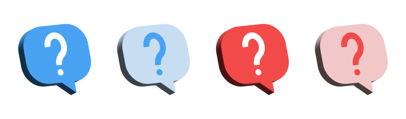 Set of 3D question mark speech bubbles icons in blue, red colors. for inquiry, help, support, and communication. Perfect for support, FAQ, forums, and customer service visuals