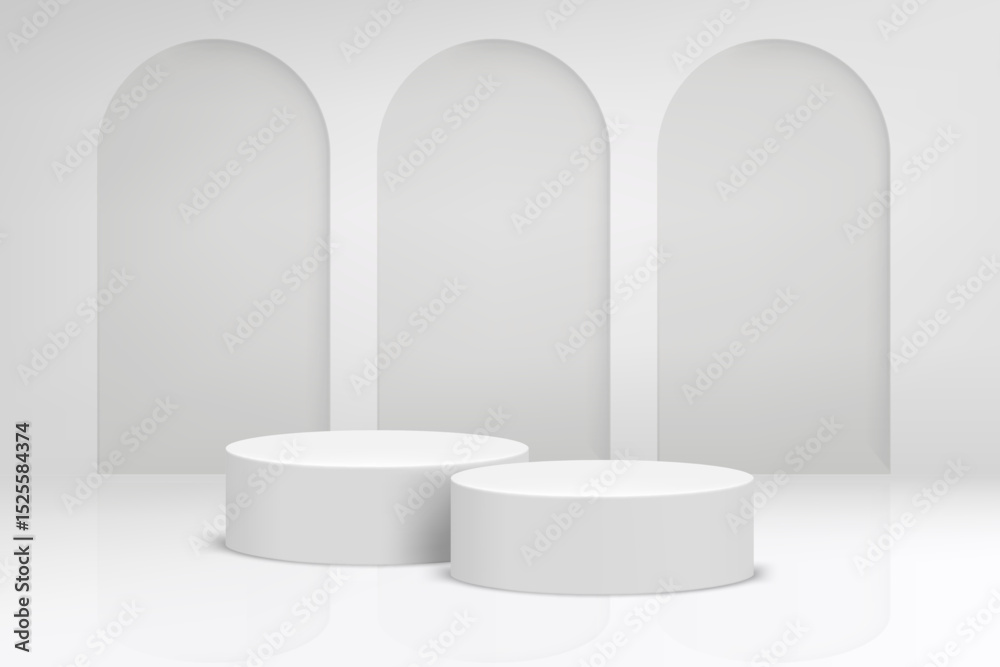 Aufkleber Bright studio with arc and podium. 3d vector background for product design