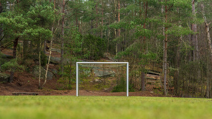 Soccer goalpost in a wooded park.