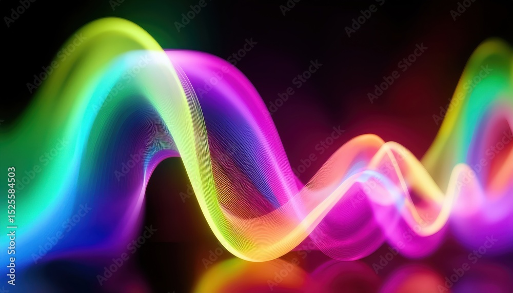 Aufkleber vibrant multicolor wave of neon light on black background with glossy reflection, perfect for web de