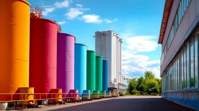 Paint-tanks lineup displays rainbow silos at coating factory ready for colorful production