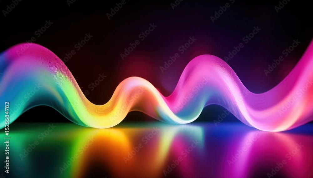 Poster vibrant multicolor wave of neon light on black background with glossy reflection, perfect for web de