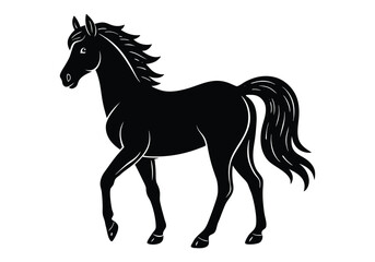 Obraz premium Set of silhouette of horses. Isolated black silhouette of galloping, jumping running, trotting, rearing horse on white background. Side view.