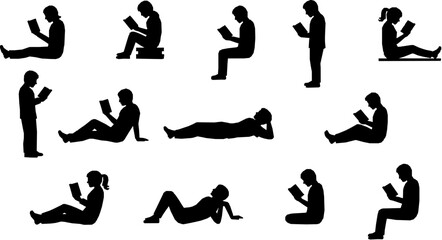silhouette of people reading books. Sitting, lying and standing with books.
