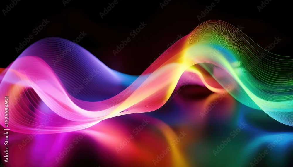 Poster vibrant multicolor wave of neon light on black background with glossy reflection, perfect for web de