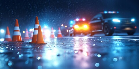 Police roadblock with cones in heavy rain
