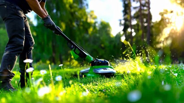Man pushes an electric lawn mower across lush green grass during sunny garden maintenance