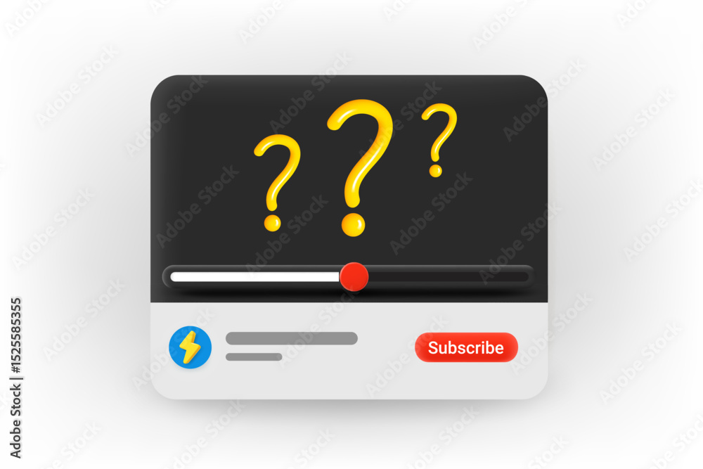Poster online video player with questions. 3d vector concept