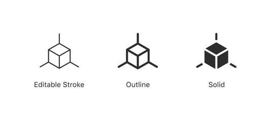 Set of cube icons representing 3D geometry, structure, architecture, technology, or design projects. Ideal for tech, data, modeling. in editable stroke, outline, and solid styles