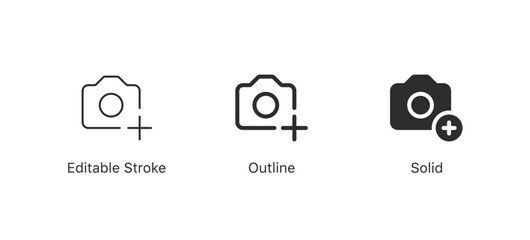 camera add new photo icon with plus symbol sign in three styles: editable stroke, outline, and solid, flat style