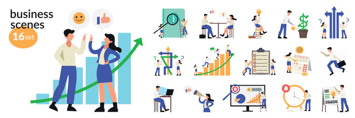 A vector set of 16 business illustrations featuring various professionals in the fields of work, collaboration, planning, and productivity. Flat, minimalistic style