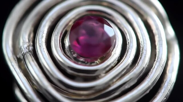 Close Up of Silver Spiral Ring Set with a Dark Pink Ruby Gemstone on a Black Background