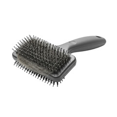 A new, modern pet hair remover brush with visible textured cleaning surface and ergonomic handle, isolated on a pristine, solid white, shadowless background, concept for pet care product advertising