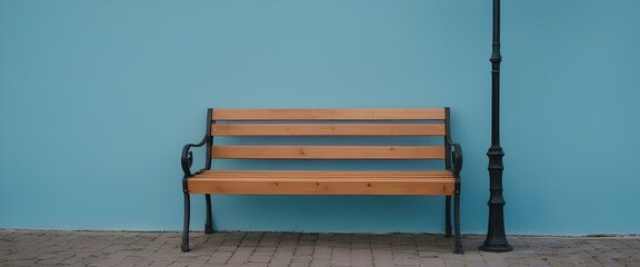 Wooden, bench, street, against, blue, wall, 