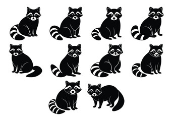 Obraz premium Raccoon silhouette set vector design big pack of animal illustration and icon