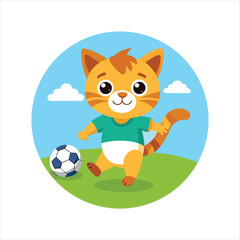  Happy Cat Playing Football on Green Field Vector
