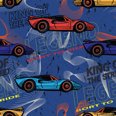 Abstract seamless pattern with sport cars .Bright background with grunge elements for textiles, children's clothes, prints. Pattern for boys