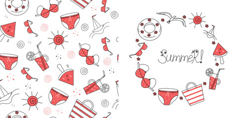  Summer beach pattern, round frame set. Banner, hand lettering. Cartoon attributes of seaside holidays, vacations, travel, linear icons. Illustration, isolated background. Place for text.