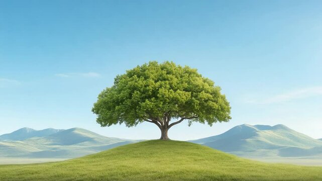 Serene solitary tree on a hill, with a large, round, full crown, set against a clear blue sky. This picturesque scenery can be used for various design purposes
