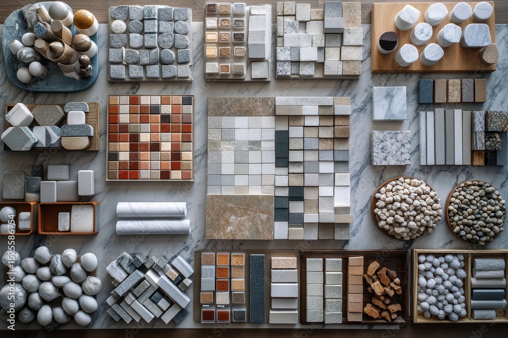 Poster Assortment of various square and round tile samples used for architecture and interior design on a stone countertop