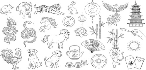 Chinese zodiac line icon set. Vector pictograms of tiger, rabbit, dragon, snake, horse, goat, phoenix, monkey, pearl, lotus, pagoda thin linear illustration