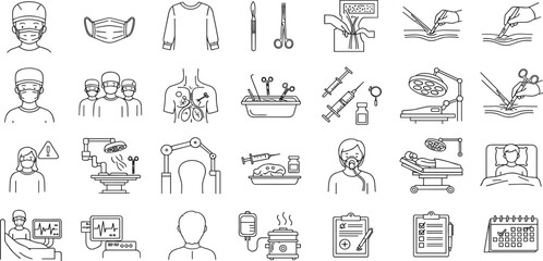  Medical surgery line icon set. Vector pictograms of scissors, suture, incision, laparoscopy, robotic, injection, monitor, patient, schedule, equipment, procedure, thin linear illustration..