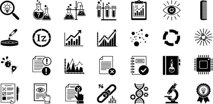 Scientific research glyph icon set. Vector pictograms of sample, pipette, lab, graph, regression, correlation, anomaly, document, review, accepted, rejected, black sign silhouette illustration