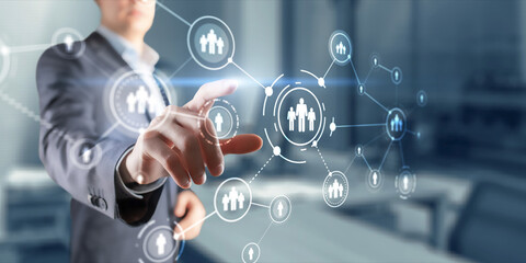 HR Recruitment Structure Global Outsourcing Social network communication concept. Virtual screen