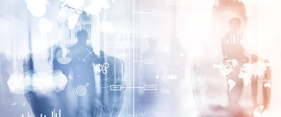 Business dashboard with key performance indicators on a virtual screen city interface