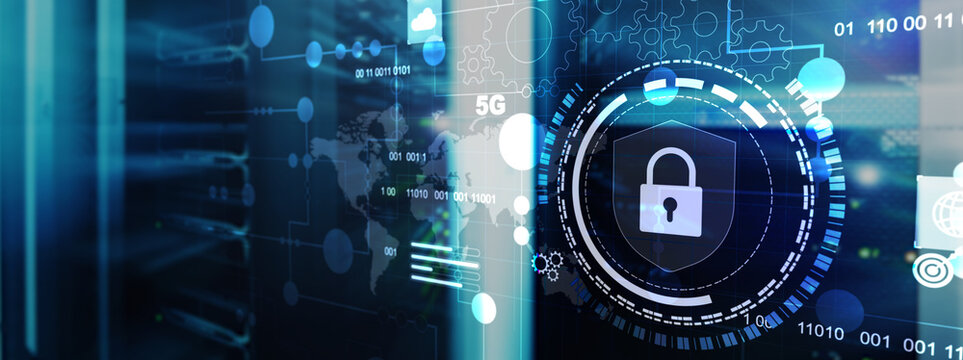 Cyber protection shield icon on server room background. Information Security 2025