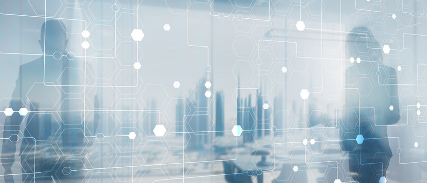 Technology industrial business process workflow organisation structure on virtual screen. Honeycombs and binary code